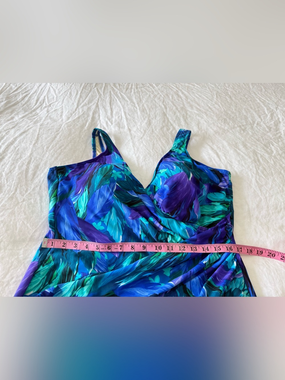 Miraclesuit | SZ 24W | Blue Floral Faux Wrap One Piece Slimming Bathing Suit - Picture 3 of 9